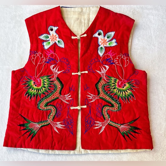 embroidered dragon design patchwork vest size Medium year of the dragon - Picture 1 of 10